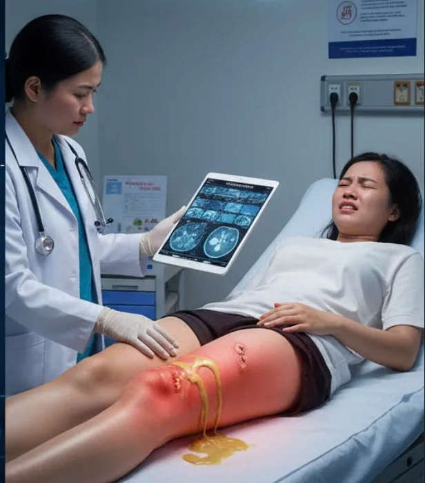 Biến chứng áp xe sau tiêm chất làm đầy tại vùng đùi. Ảnh minh họa do AI thực hiện.